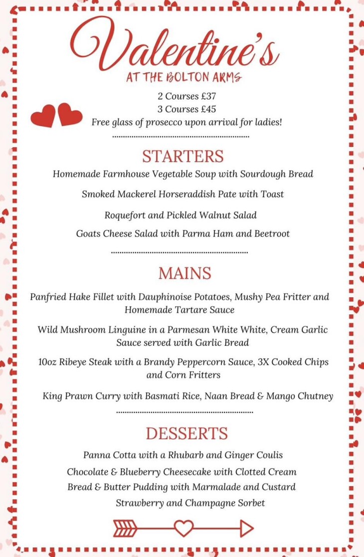 Valentine's Day Set Menu Bolton Arms in Basingstoke